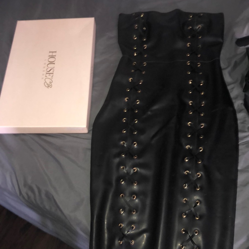 Black strapless latex dress